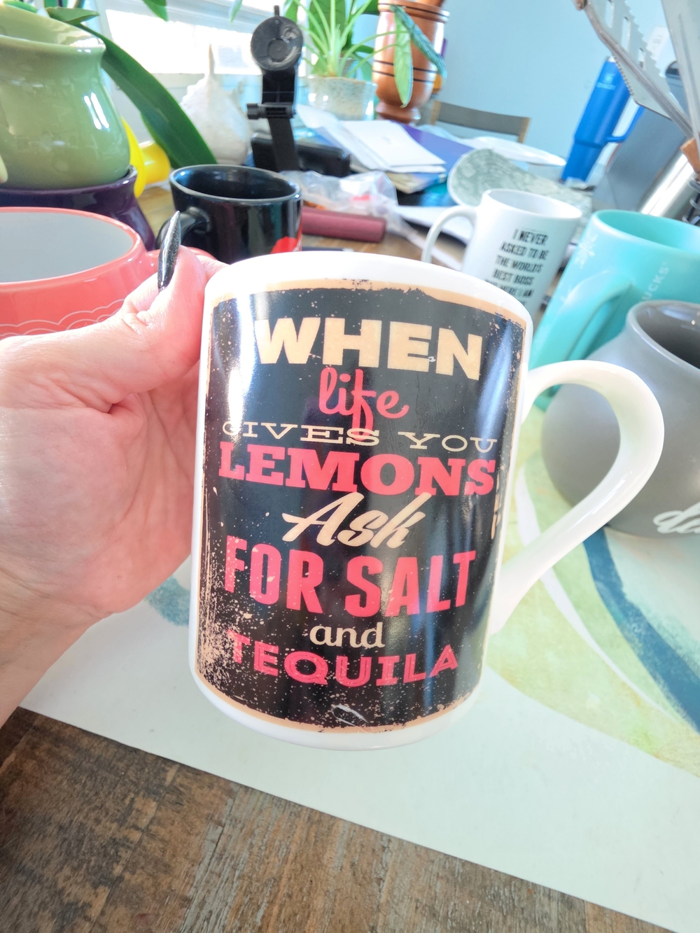 White Ceramic Mug with Red and Black 'When Life Gives You Lemons' Design